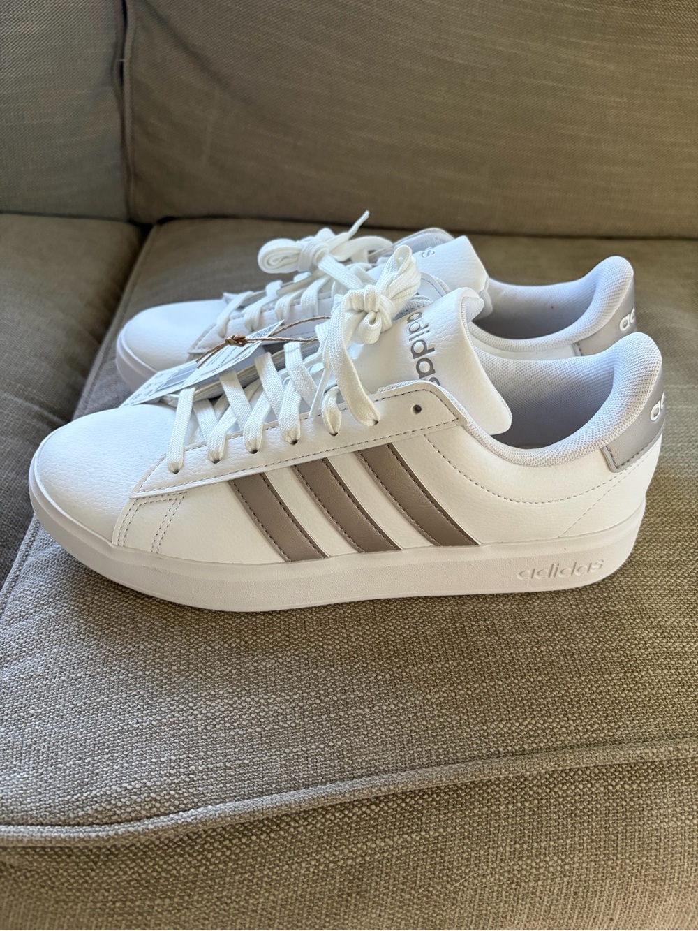adidas White Sneakers with Taupe Stripes